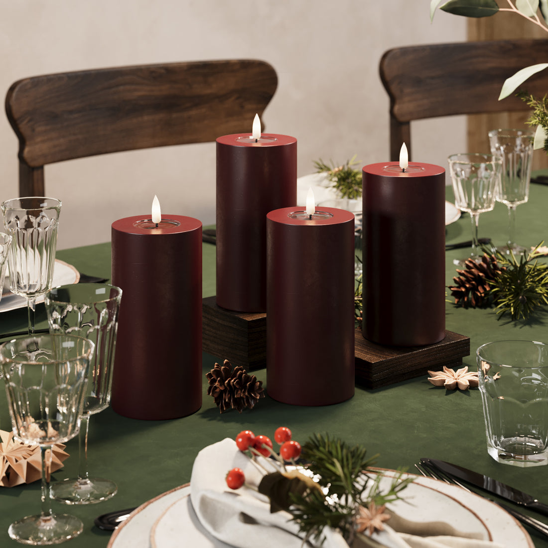 LED Blockljus Ø 7,5 x 15 cm Bourgogne - 4 st