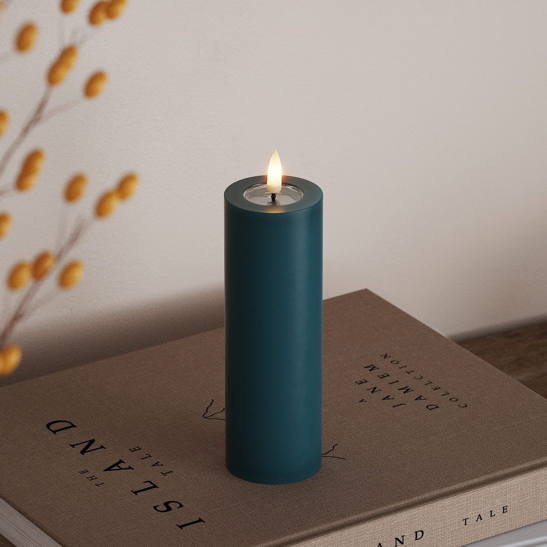 Deluxe Homeart LED Bloklys Ø 5 x 15 cm Petroleum LED bloklys 4